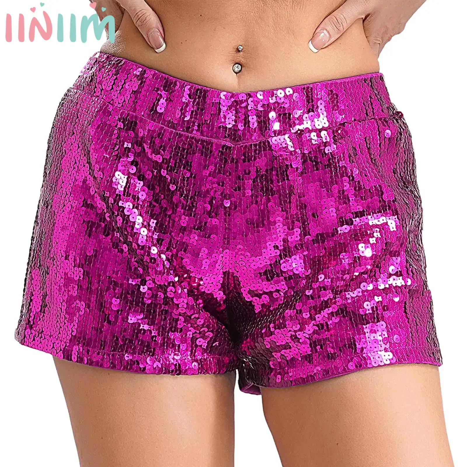 Womens Glitter Sequins Hot Pants Elastic Waistband Fully Lining Shorts Booty Shorts Nightclub Dance Stage Performance Bottoms