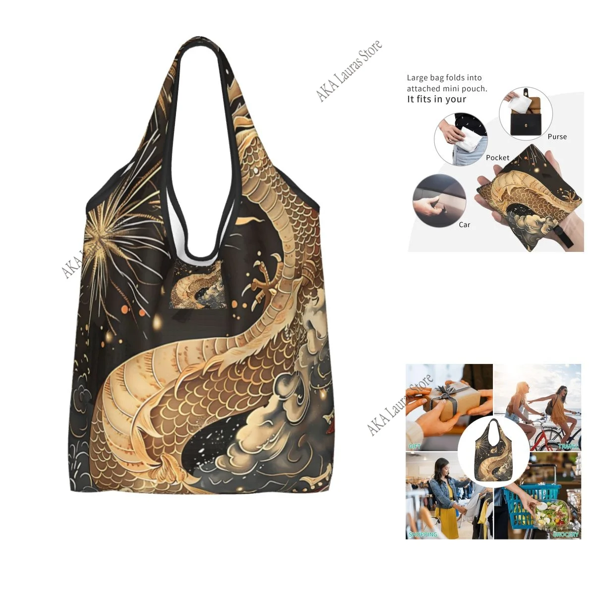 Dragon Snapback Grocery Shopping Bag Shopper Tote Shoulder Bag Large Handbag