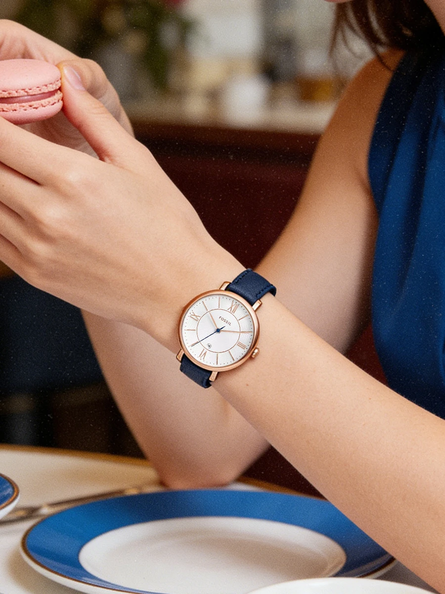 Fossil Women's Watch Blue Leather Strap Rose Gold Tone Analog Quartz Wristwatch Roman Numerals Dial Date Window Office Daily Use