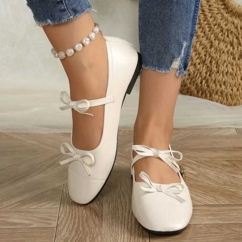 Spring Autumn Silver Women Shoes Internal Elevation Buckle Strap Shoes Elegant Butterfly-knot Casual Ballet Flat Shoes