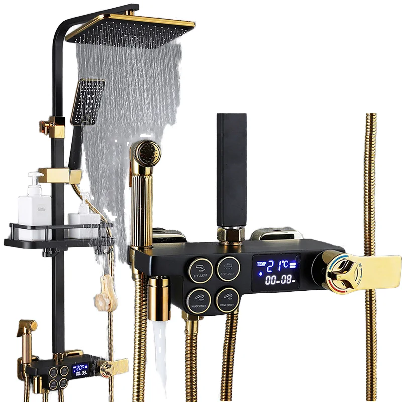 Black Gold Bathtub Mixer Faucet with Ceramic Valve Core Thermostatic Rain Shower Set Stainless Steel Tap for Luxurious Bathroom