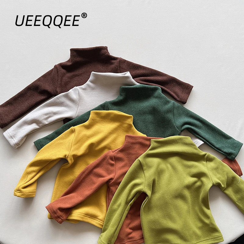 

Turtleneck Warm Solid 2023 Spring Autumn Children T Shirts Boys Girls Long Sleeve Tops Kids Wear Tees Toddler Clothing For 1-8Y