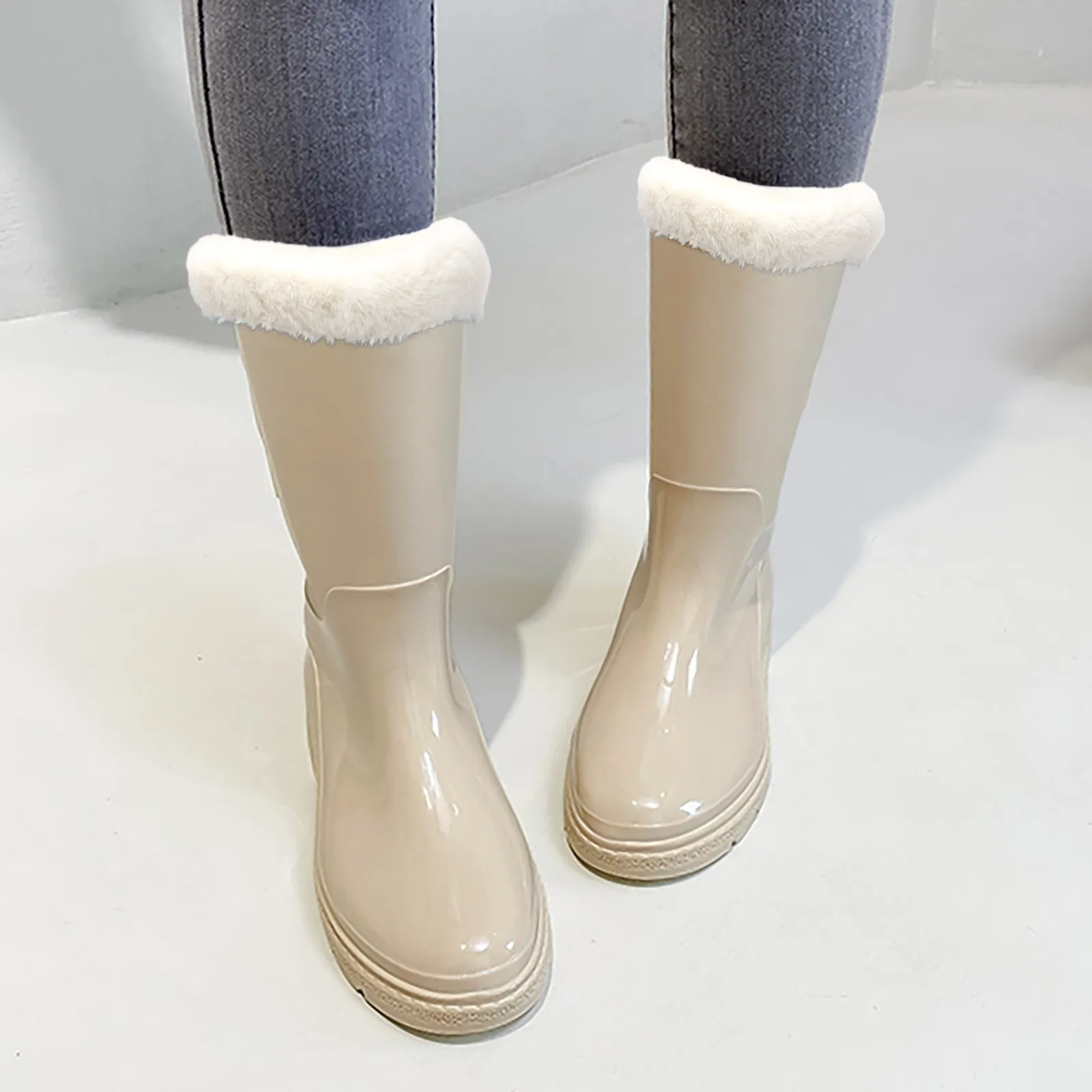 Joelho de salto alto High Comfort Lady Shoes, botas de neve de bezerro, antiderrapante, Fleece Inside, botas de chuva removíveis para homens e mulheres