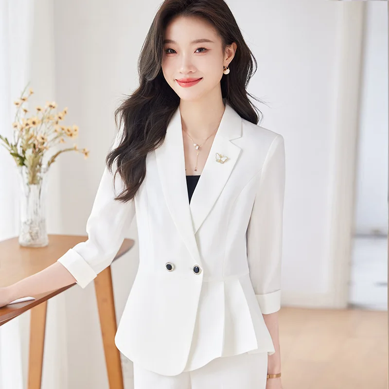 Purple 3/4 Sleeve Business Suit2024Spring and Autumn New Simple Small Suit Collar Jacket Women's Pants Two Pieces