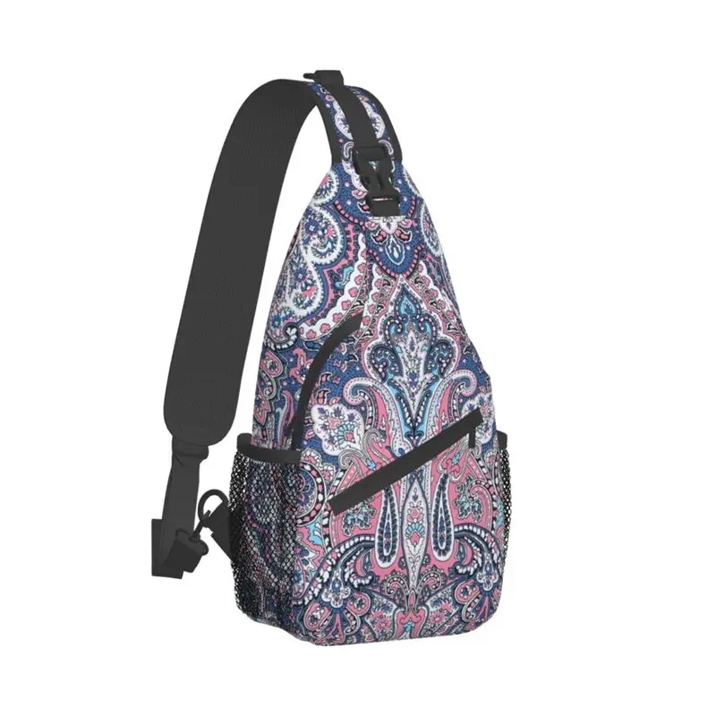 Mochila cruzada con estampado de Cachemira para hombre, bolso de hombro para el pecho, Arte Floral bohemio, mochila de día para ciclismo y acampada, Rosa del desierto y azul