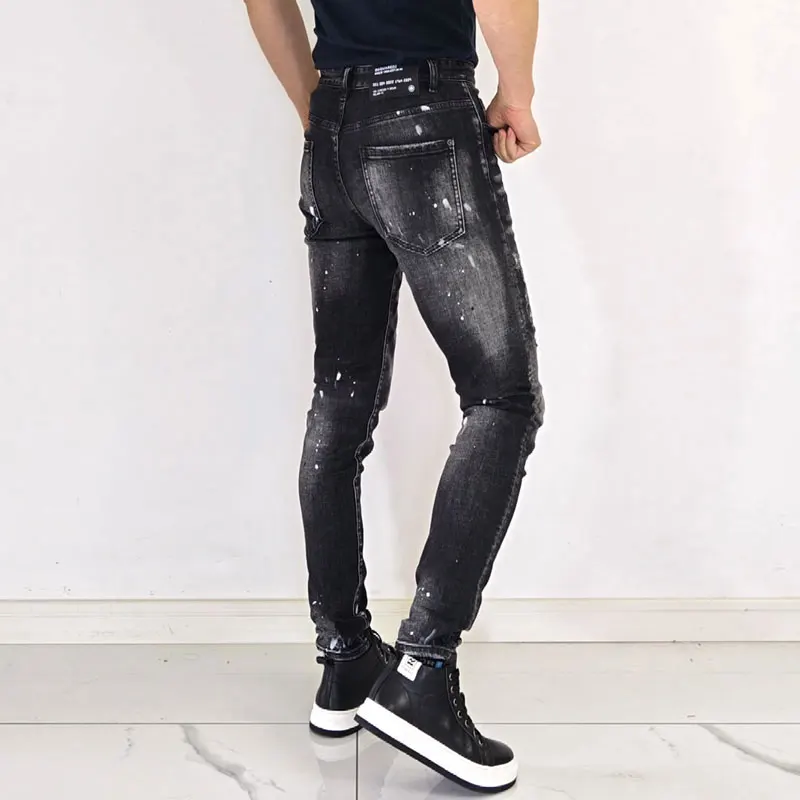 Street Fashion Men Jeans High Quality Retro Black Gray Stretch Slim Fit Ripped Jeans Men Painted Designer Hip Hop Brand Pants