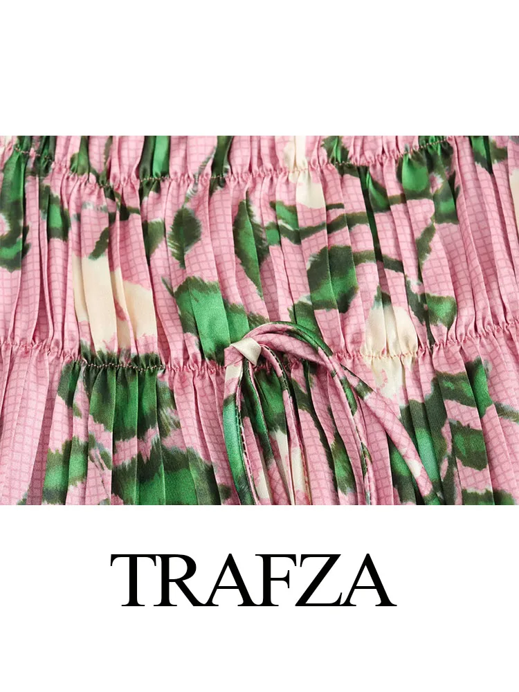 Trafza-女性用ノースリーブベストトップとプリーツパンツ、リボンで飾られたプリント、レースアップ、エレガントなハイウエスト、夏、新しい、2ピースセット