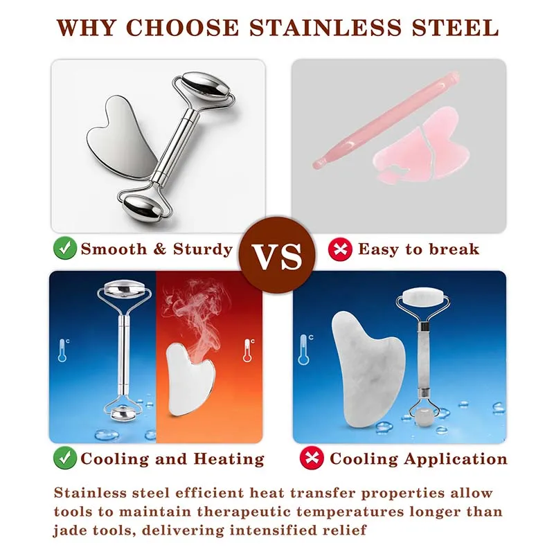 Eiscoller aus Edelstahl, Gua Sha und Gesichtsroller-Set für Gesichtsmassage, Lymphdrainage, Gesichtsformung, inklusive Beutel