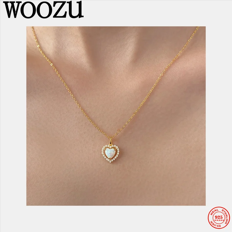 

WOOZU 925 Sterling Silver Charm Delicate Love Opal Zircons Pendant Necklace for Women Wedding Romantic Fashion Delicate Jewelry