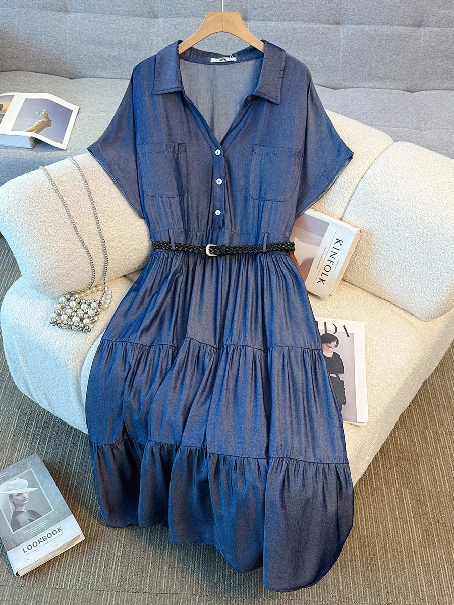 

150Kg Plus Size Women's Bust 170 Summer Polo Collar Denim Cake Dress Blue 5XL 6XL 7XL 8XL 9XL