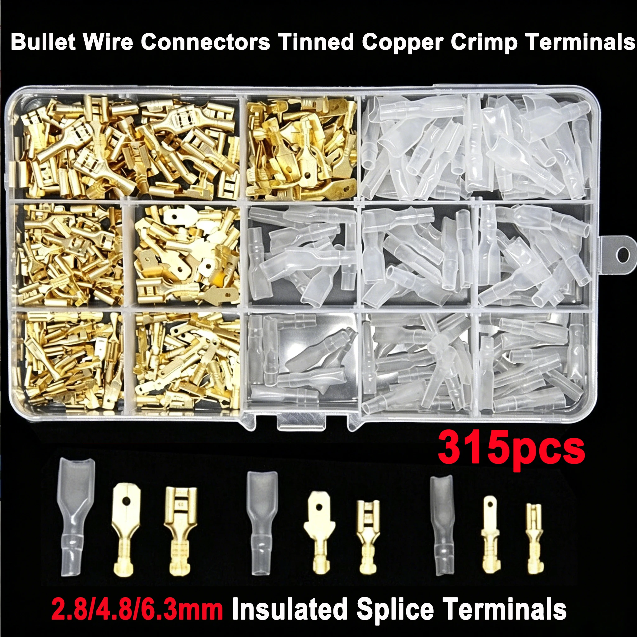 Splice Spade 315pc 2.8/4.8/6.3mm Male Female Wire Crimp Terminal Golden Copper With Insulating Sleeve For Auto Electrical Wiring