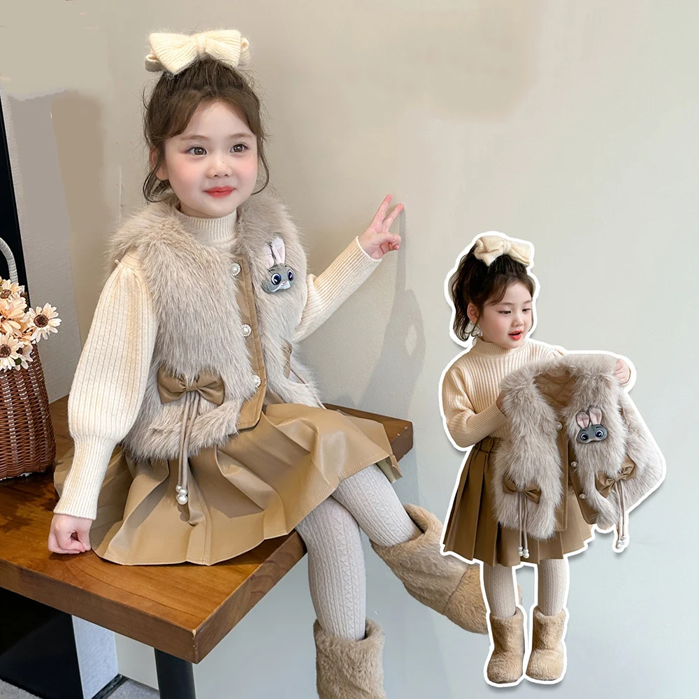 

Плюшевый жилет для девочек, комплект из 3 предметов, новинка 2023 года, осенне-зимний свитер + юбка из искусственной кожи, утепленный теплый детский модный комплект Disney Judy Rabbit