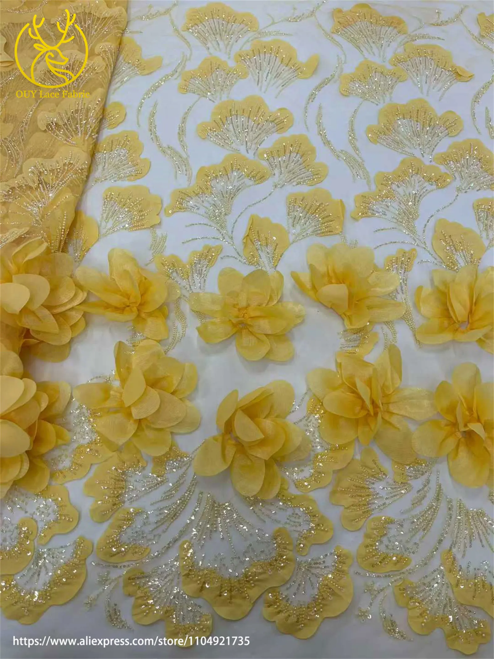 3D Blumenmuster Afrikanischer Braut-Spitzenstoff 2026 Neueste Französische Nigerianische Pailletten-Spitze für Brautkleider und Hochzeitsmode – Detail 6