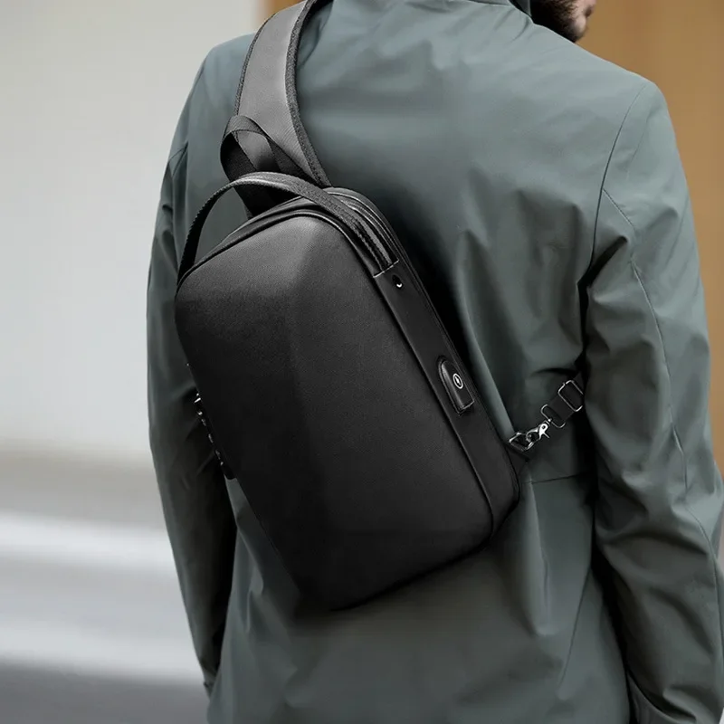 Men's Chest Pack Hard Shell Waterproof Shoulder Bag Polyhedron USB Charging 9.7 Inch Tablet One Shoulder Messenger Bag for Men