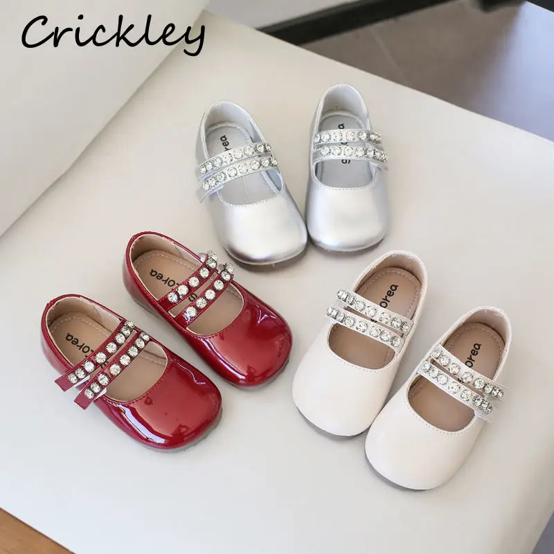 

Rhinestones Girls Flats Shoes Solid PU Leather Soft Sole Children Princess Shoes Hook Loop Anti Slip KIds Shallow Shoes