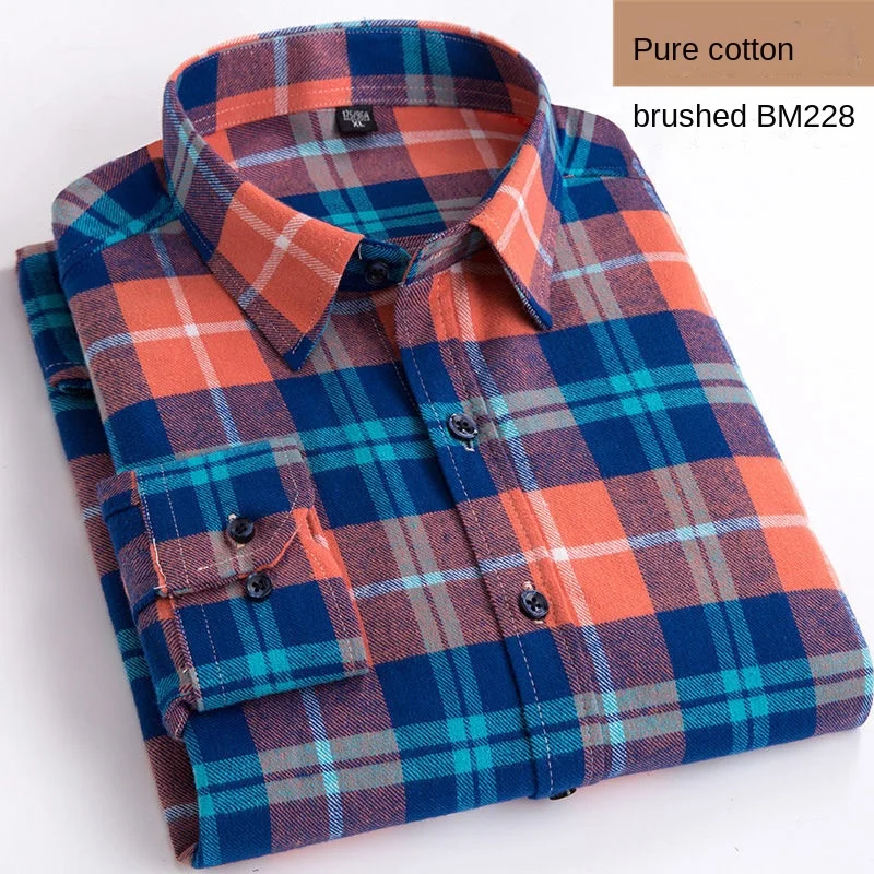 Cotton Plaid Shirt Men\'s Long-Sleeved High-End Clothing Casual Plaid Flannel Shirt 100% Cotton Button Tops Male Leisure Shellort