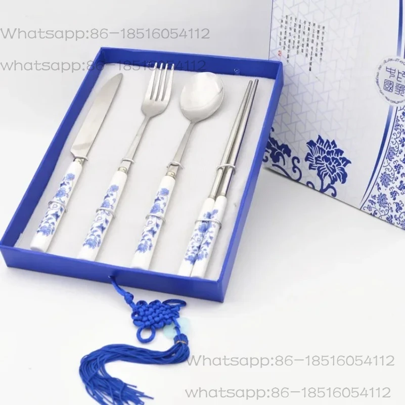 Blue and White Porcelain Tableware Forks Spoons Chopsticks Set Characteristic Chinese Style Gifts Business Meeting