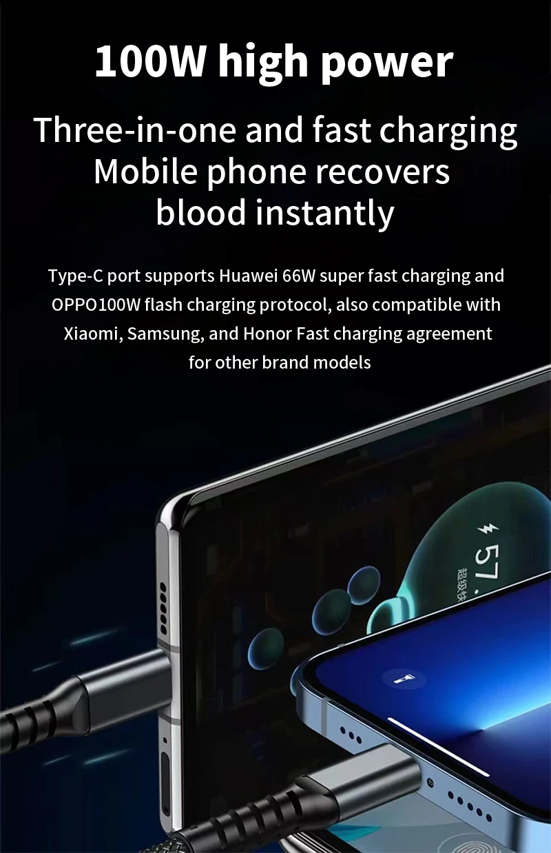 4PCS 3-IN-1 100W Nylon Woven Fast Charging Cable With Type-C, Micro USB, IP Port Compatible With Multiple Devices Multi Port Multiple Charging Wire