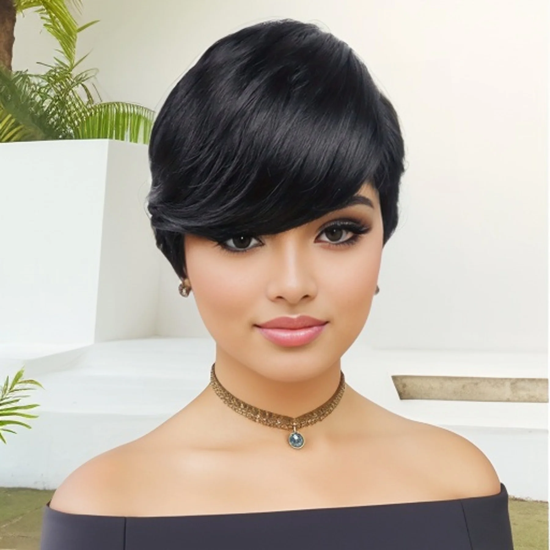 Synthetic Hair Short Pixie Cut Wig Brunette Woman Straight Hairstyles Black Wig with Bangs Natural Style Mommy Wigs Soft Health