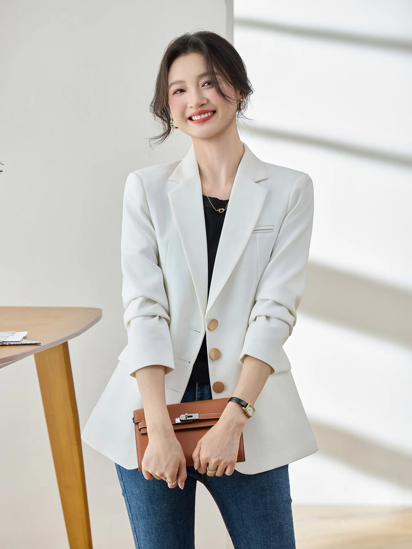 Women's New Trendy Bright‑Red Sophisticated Business Blazer with Long Sleeves and Notch Lapels, Cross‑border Wholesale Top