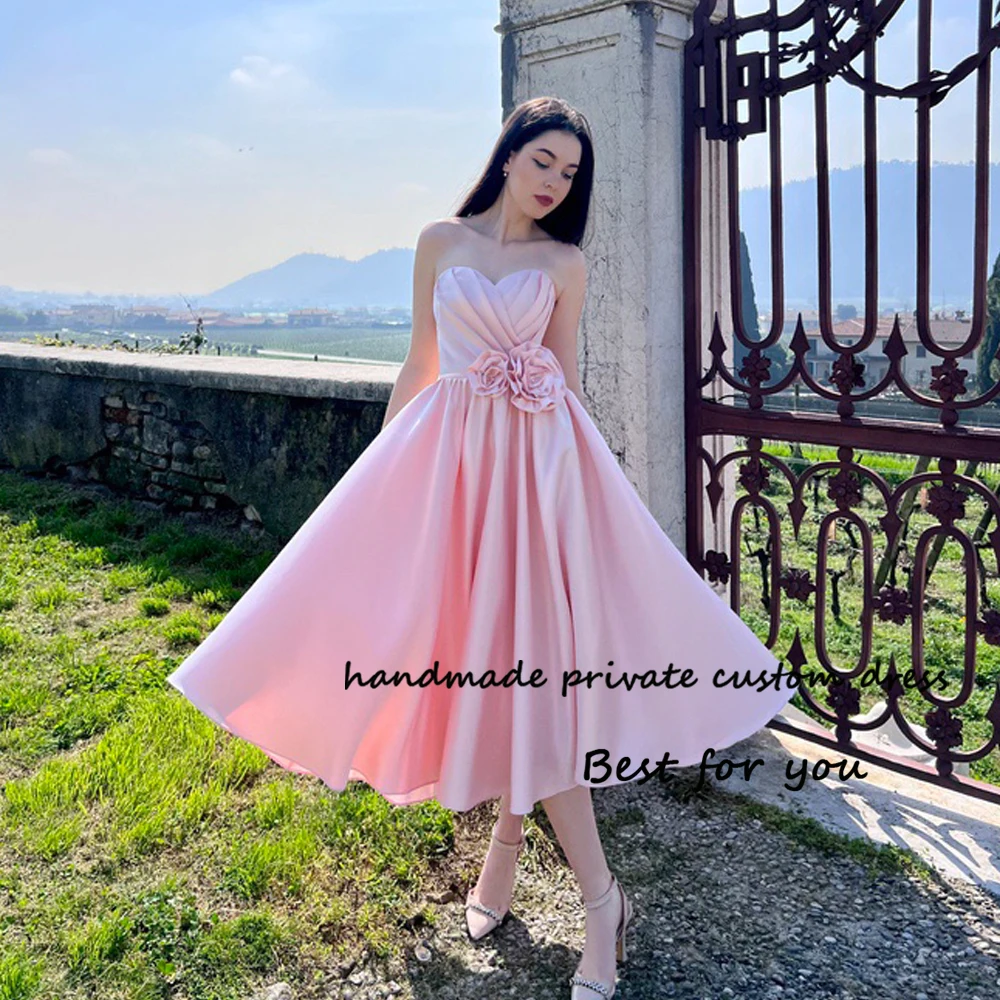 

Light Pink Satin Fairy Prom Party Dresses for Women Pleats Sweetheart A Line Evening Dress Tea Length Homecoming Graduation Gown