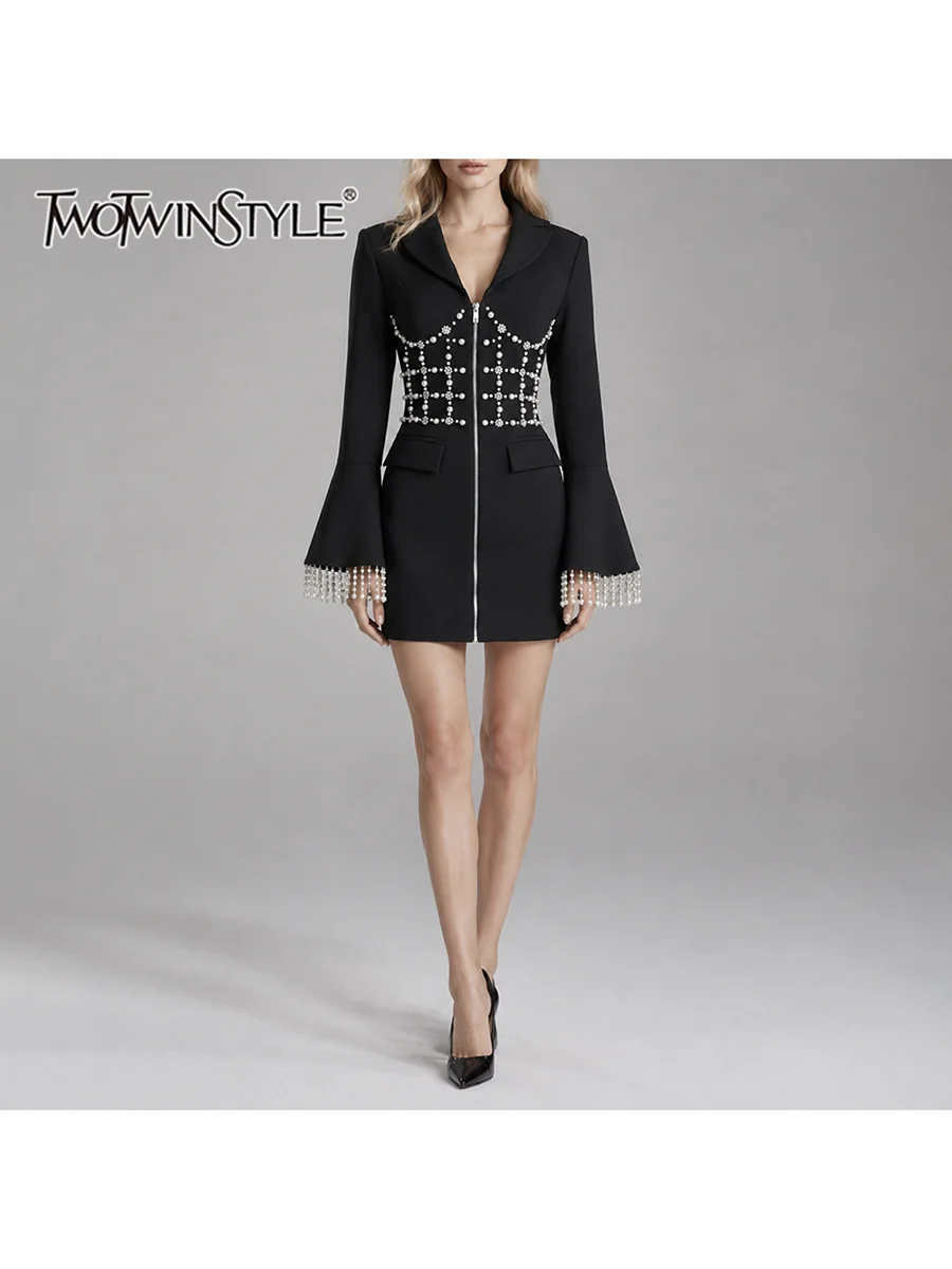 TWOTWINSTYLE Pearl Spliced String Slimming Dresses for Women Lapel Collar Long Sleeve Patchwork Zip Temperament Dresses Female