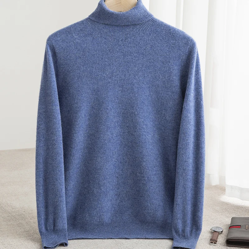 Men 100% Merino Wool Sweater Turtleneck Knitted Pullover Cashmere Warm Solid Color Clothes Business Bottoming Tops Autumn Winter