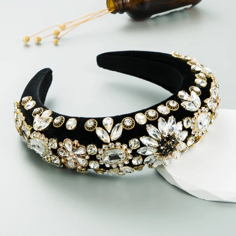 Fashionable and Crafty Velvet Hair Hoops Retro Palace Sponge Thickened Headband Rhinestone Wide Edge Hair Accessories