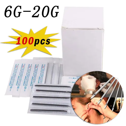 100 Uds aguja para perforación corporal 6G 8G 12G 13G 14G 15G 16G 17G 18G 20G acero quirúrgico estéril desechable oreja nariz ombligo pezón labio