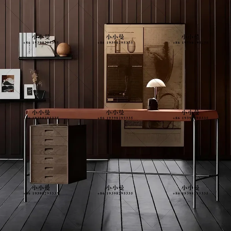 for Medieval Style Italian Bauhaus Desk with Drawers Light Luxury Solid Wood Stainless Steel Bedroom Writing Table