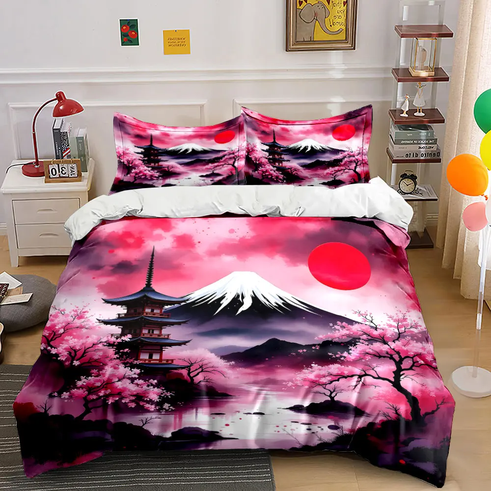 Red sky, cherry blossoms, Mount Fuji Duvet Cover Set with 3D Printing Design Soft Polyester Bedding Set All-Season Comfort