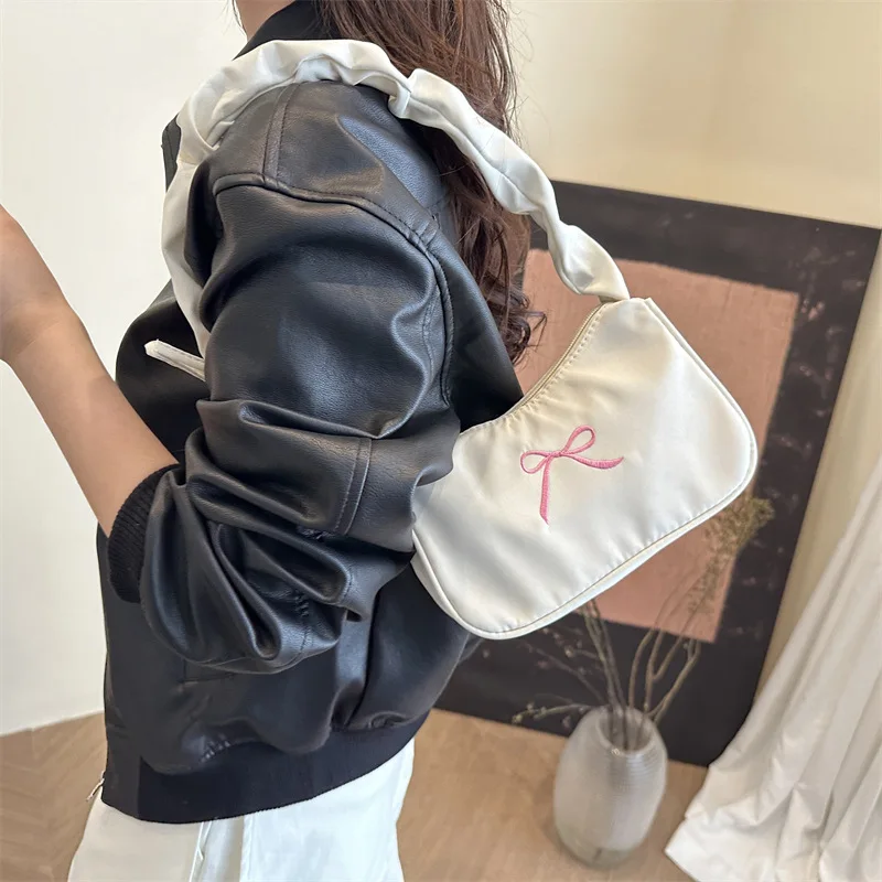 Embroidery Bow Square Shoulder Bags for Women Casual Pleated Design Ladies Underarm Bag Simple Cool Girls Handbags Phone Purse