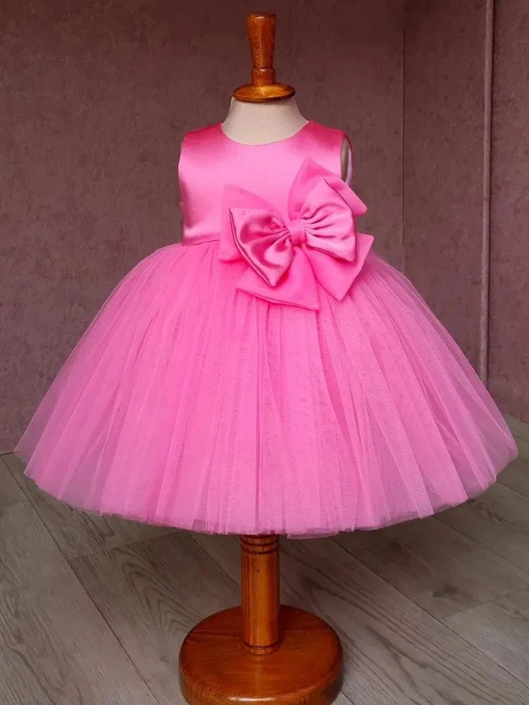 Baby Bow Tulle Baptism Dress for Girls Gown Toddler Kids Wedding Elegant 1st Birthday Party Princess Dress Tutu Evening Dresses