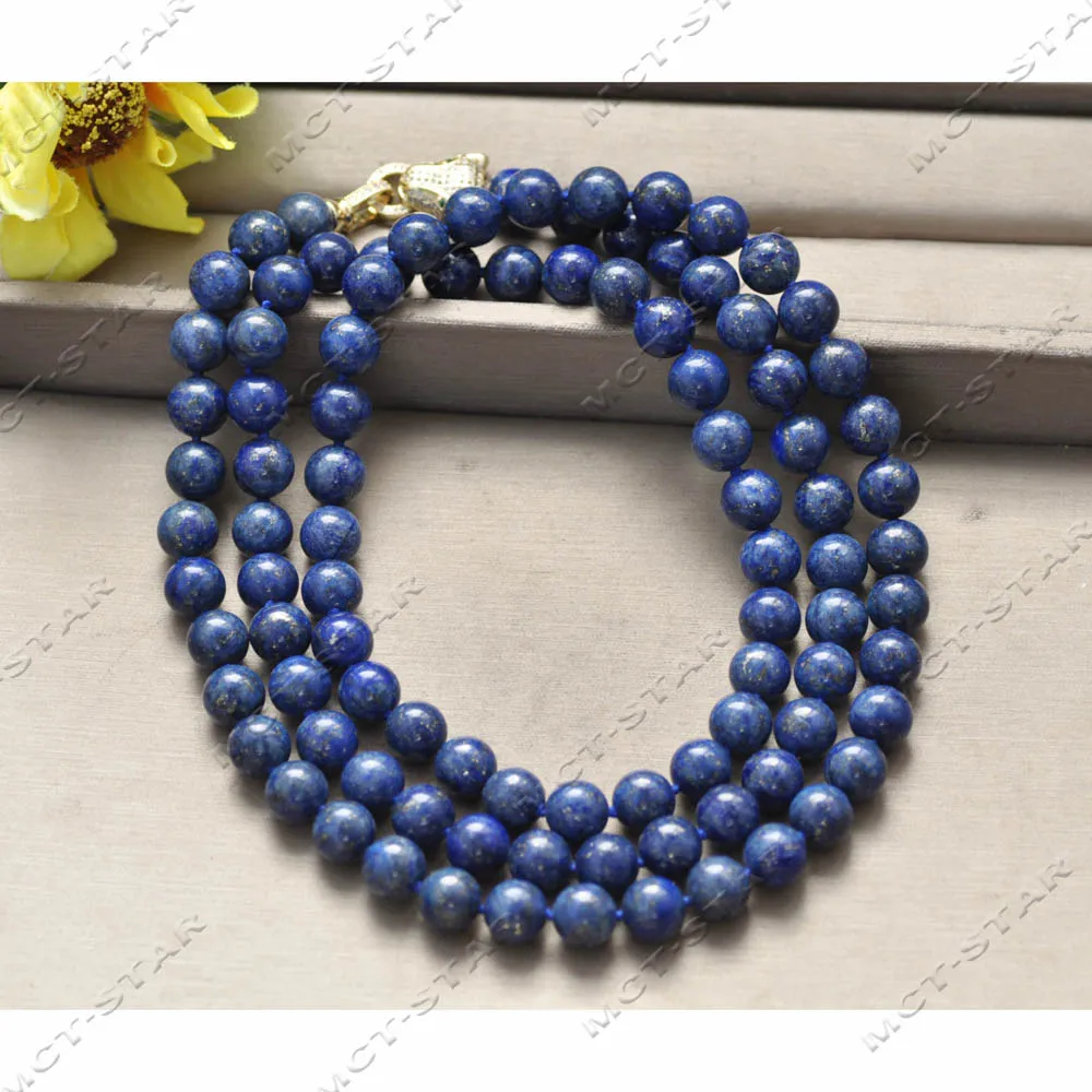 

Z14246 Long 42'' 10mm Blue Round Lapis lazuli Jaguar CZ Necklace