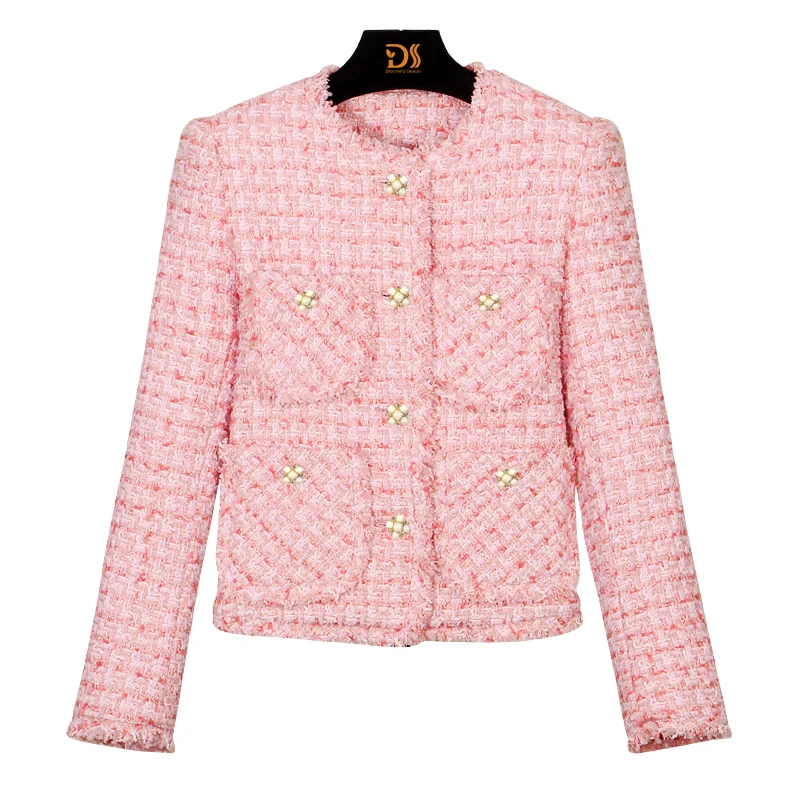 2025 New Fashion Jacket Classic High-end Light Luxury Round Neck Pink Braided Tweed Slim Top