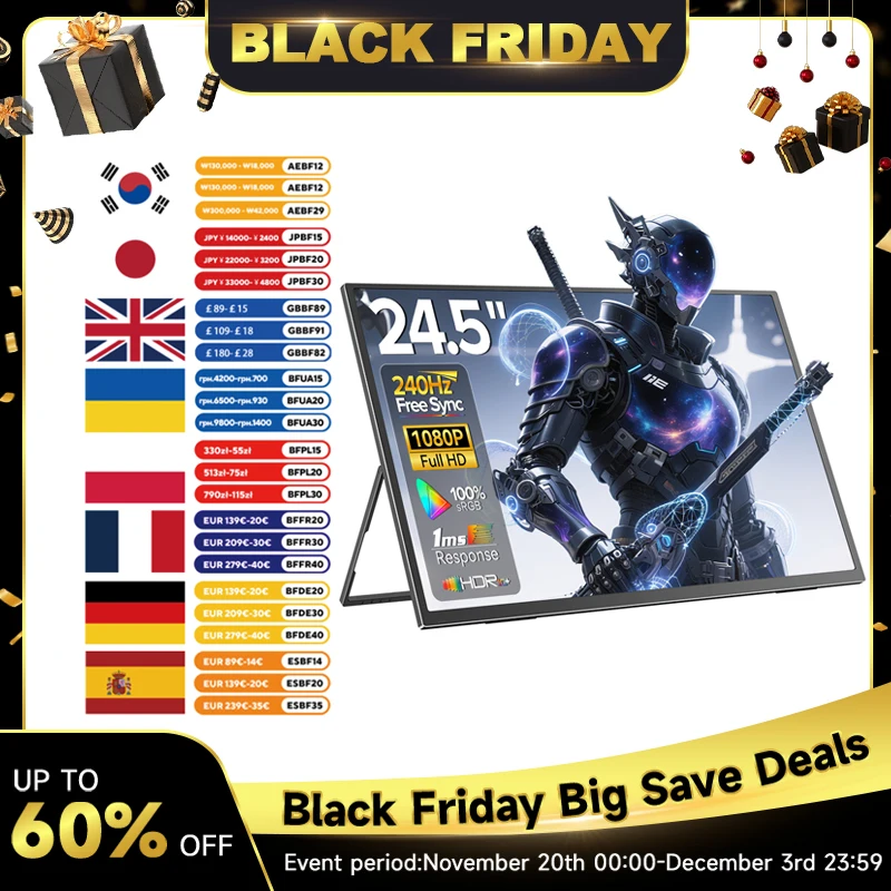 Monitor portátil de 24,5 pulgadas, 240Hz, 1080P, 100% sRGB, 460Nit, pantalla externa para juegos, ordenador portátil, Xbox Switch, consola de juegos, pantalla de PC