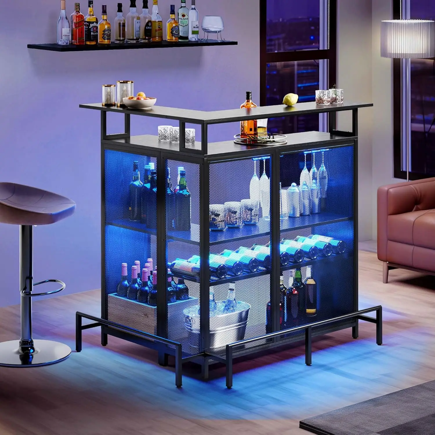 Shaped Mini Home Bar Unit for Living Room with Music Sensing LED Light, Tall Bars Furniture Table with Wine Rack