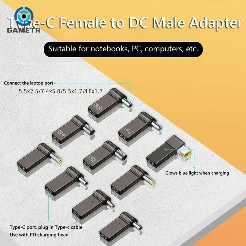 محول طاقة من سبائك الزنك برأس خفيف ، محول PD ، مقبس الزناد تيار مستمر لنوع C أنثى 5.5 ، 7.4 ، 100 واط ، 5A ، Dell ، HP ، أجهزة الكمبيوتر المحمولة ASUS