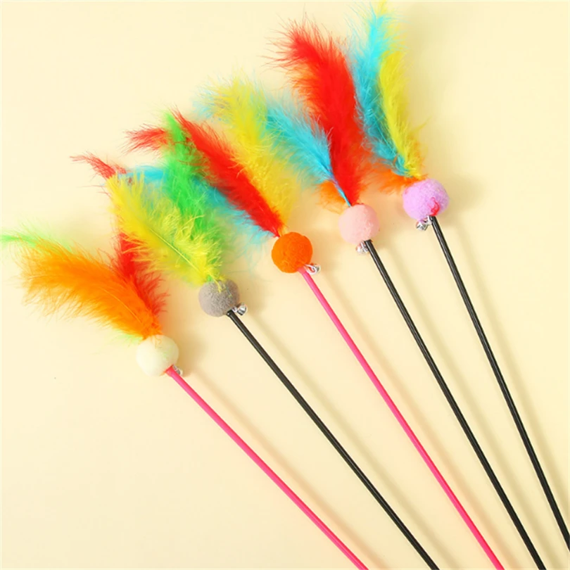 Interactive Playing  Cat Teaser Feather Wand With Bell Long Sticks Cat Teaser Wand String