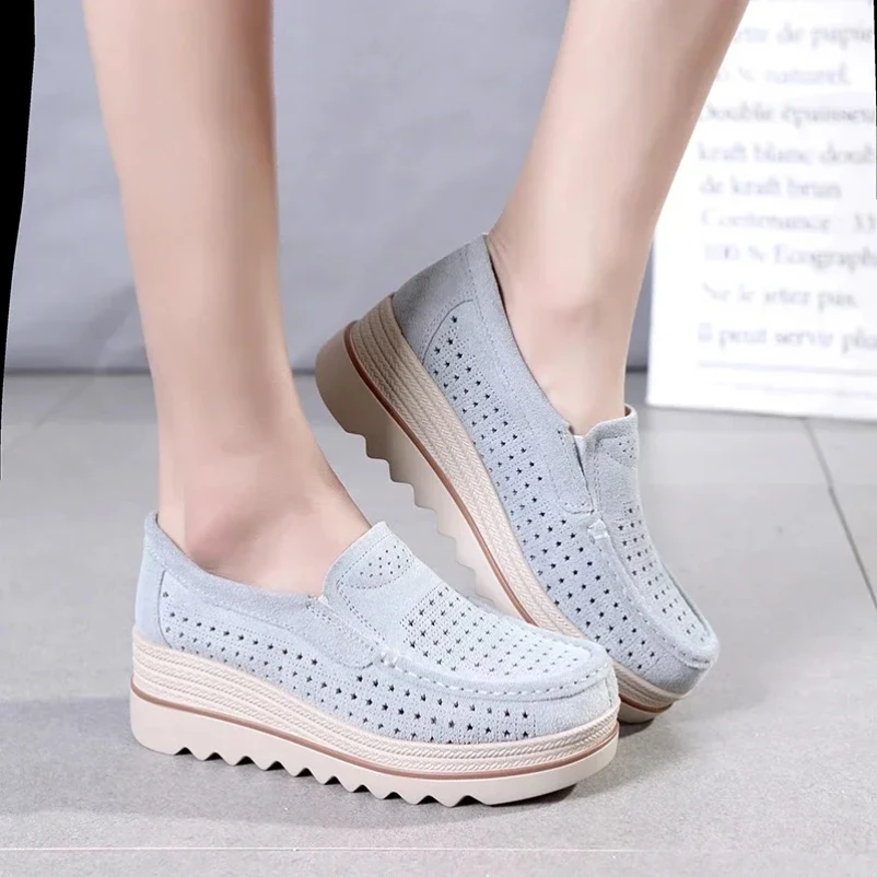 2025 женская обувь из коровьей замши, женская обувь на плоской платформе с воздушной сеткой, весенне-осенние лоферы, мокасины, женская обувь