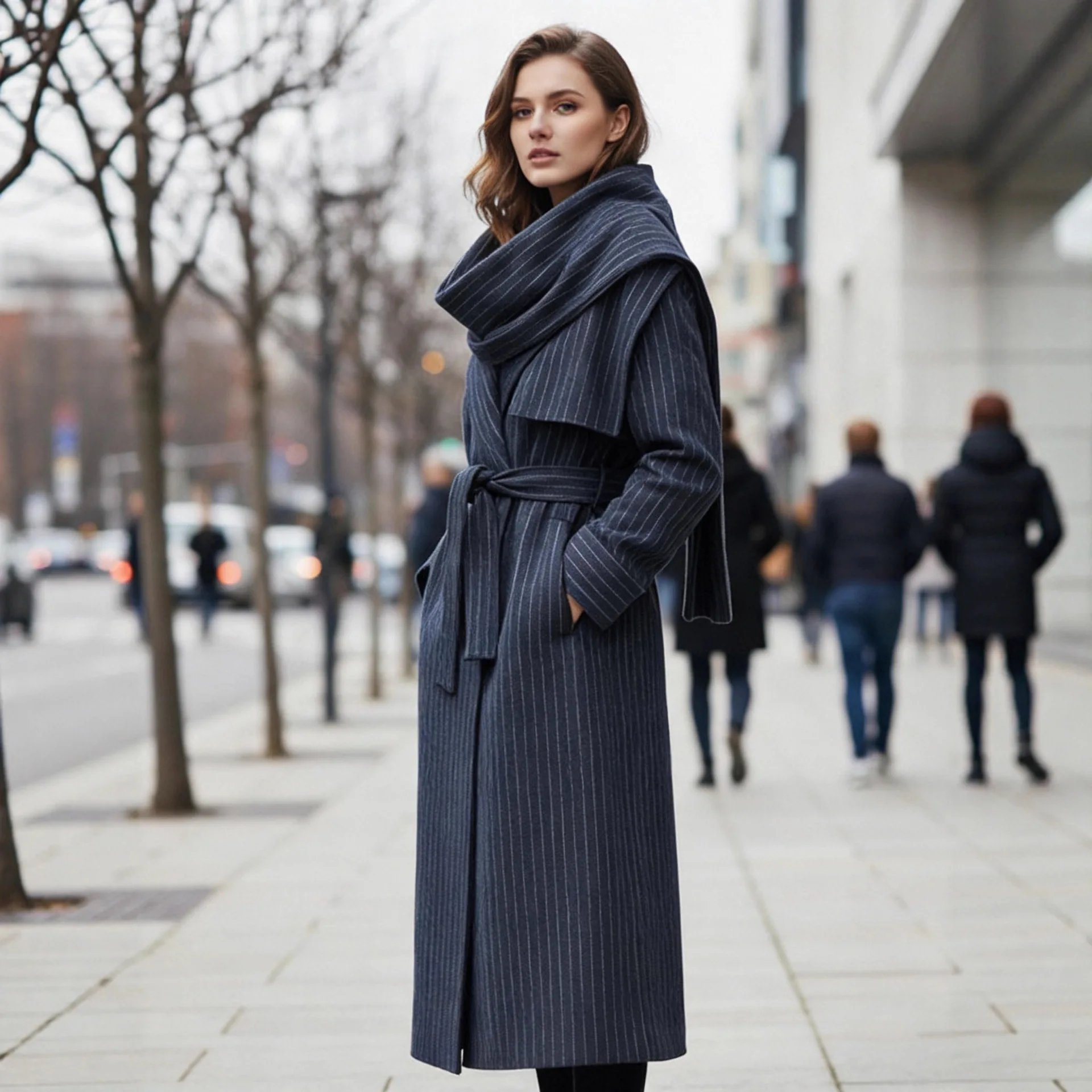 

Women's Striped Loose Jacket Fall Winter Fashion High Street Scarf Collar Mid-Length Trench Coat Belted Long-Sleeve Warm Outwear