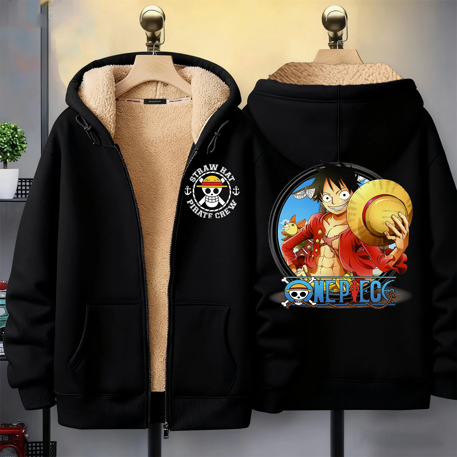 قطعة واحدة الرمز البريدي هوديي للكبار لوفي أنيمي الملابس أزياء رجل امرأة لامب الصوف معطف أزياء الشتاء الدافئة الملابس السوداء هدية #1