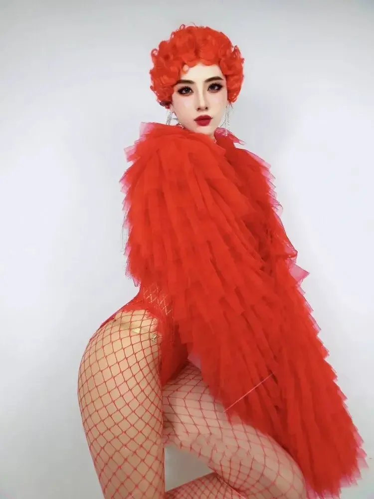 Strój piosenkarza Żółty czerwony szal Bar Party Kostium sceniczny Seksowna kobieta Gogo Dance Mesh Rękaw na ramię Ubrania dla piosenkarza