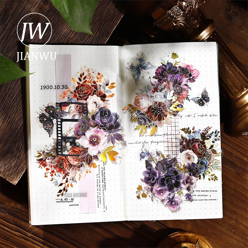 JIANWU 60mm*200cm Midnight Garden Series Vintage Plant Flower Bronzing Material Collage PET Tape Creative DIY Journal Stationery