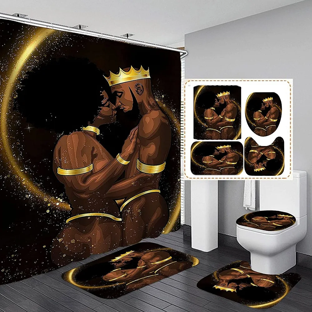 

Luxury Gold King & Queen Shower Curtain Set Gold Crown Romantic Couple Non-Slip Rugs Toilet Lid Cover Bath Mat Bath Curtains