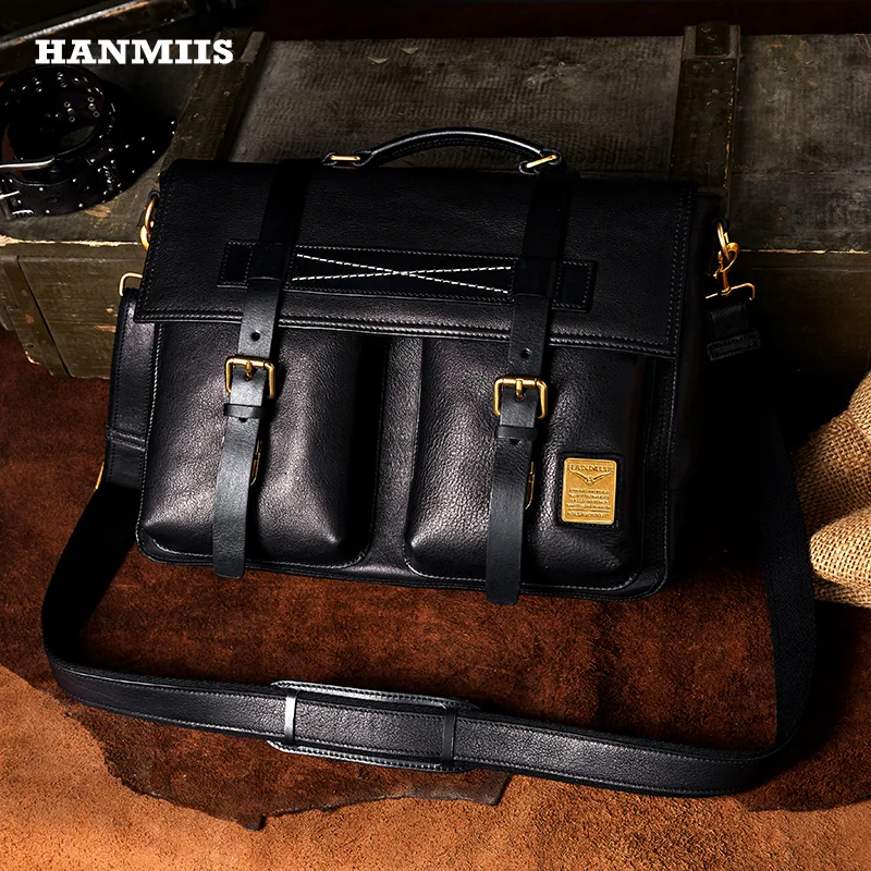 HANMIIS Full Grain Leather British Messenger Bag Genuine Leather Men Crossbody Briefcase Business Vintage Shoulder Handbag