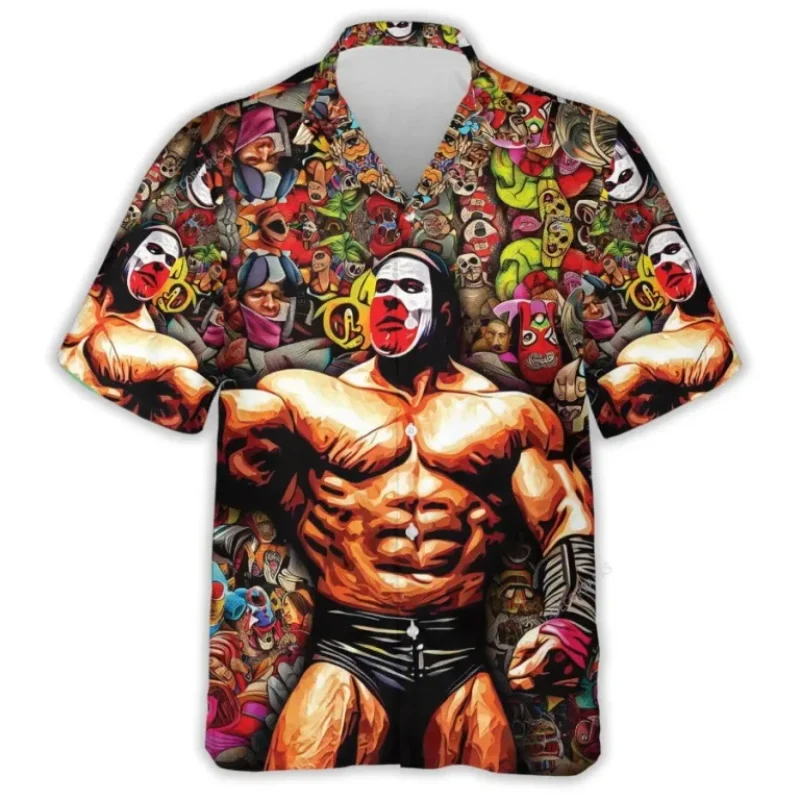 3D Print Wrestling Mask Hawaiian Shirts For Men Summer Short Sleeve Lucha Libre Wrestling Aloha Shirts Mens Button Down Shirt