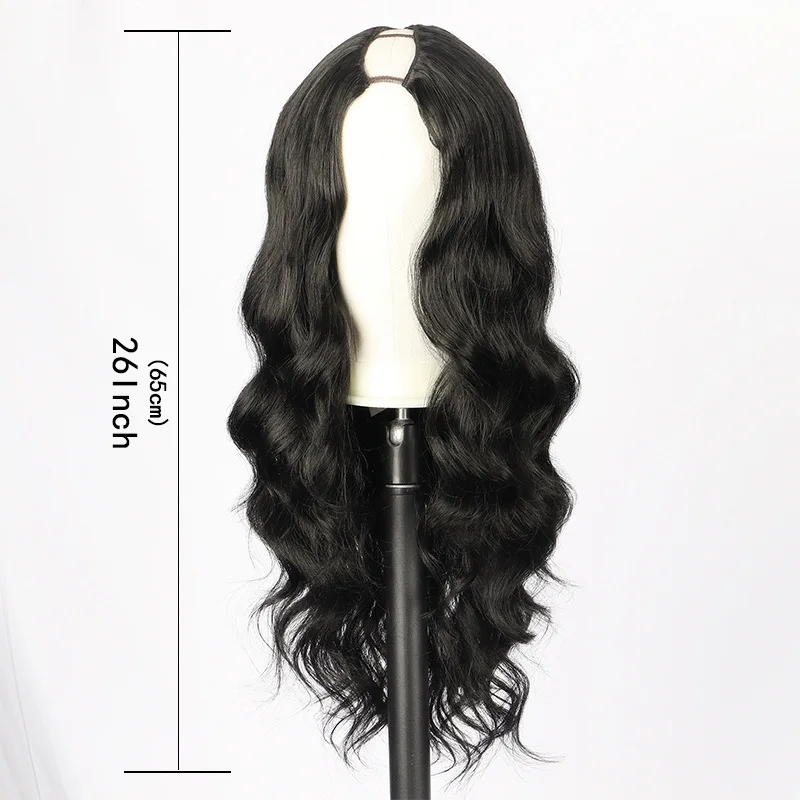 European American style half wig for women, featuring a body wave V-part design, clip-in extensions, and long, curly synthet