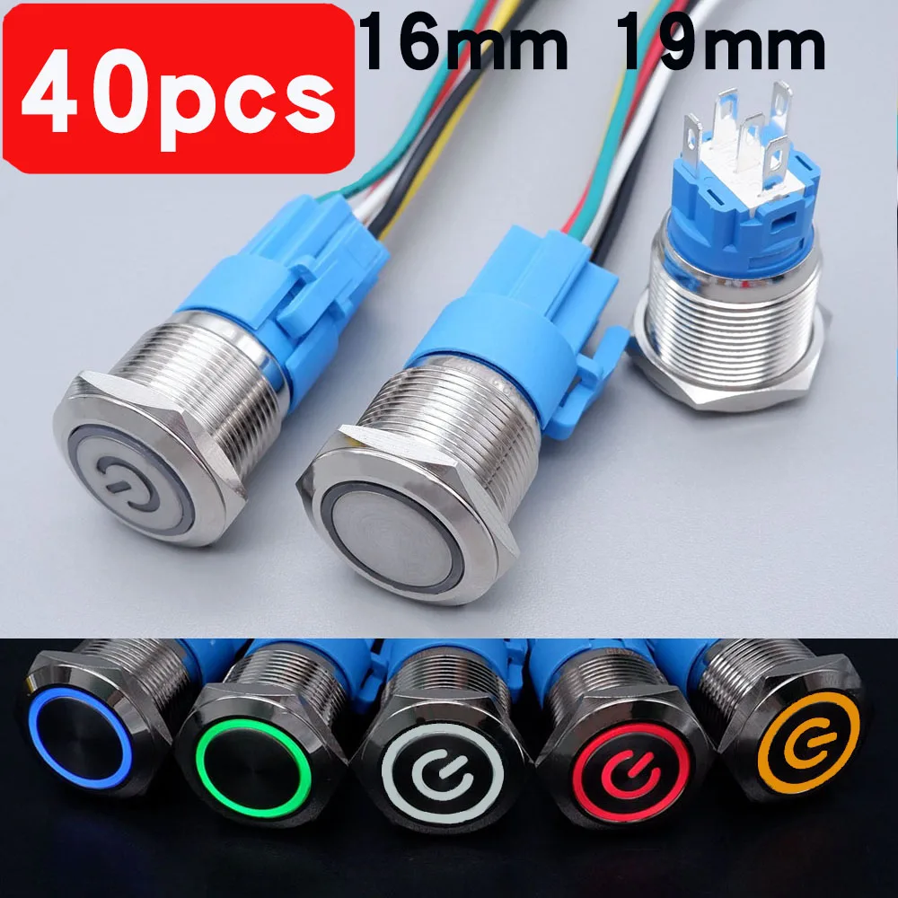 40pcs 16mm 19mm Metal Button Switch Power LED Light Latching Self-reset Waterproof Car Start On Off 3V 5V 12V 24V 110V 220V Red