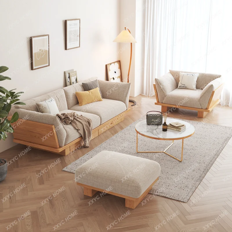 Solid wood three-person fabric sponge sofa log small apartment living room storage with drawers single chair